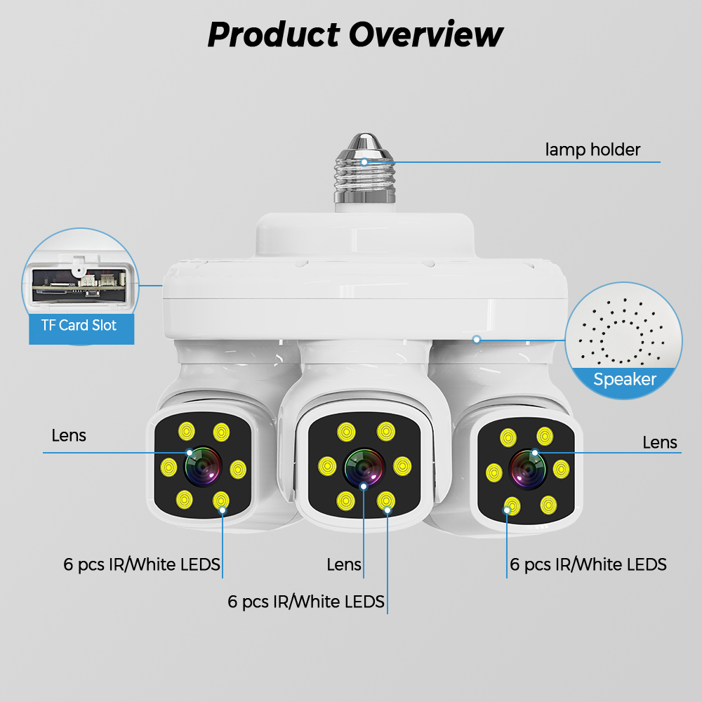 Home Security With Monitoring - Smart 15MP Triple-Lens Bulb Security Camera